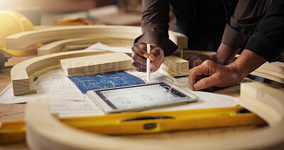 Buy stock photo People, hands and carpenter with tablet for woodwork, project or planning design at workshop. Closeup, wood and tech screen with timber, blueprint or layout for wooden repair, craft or lumber project
