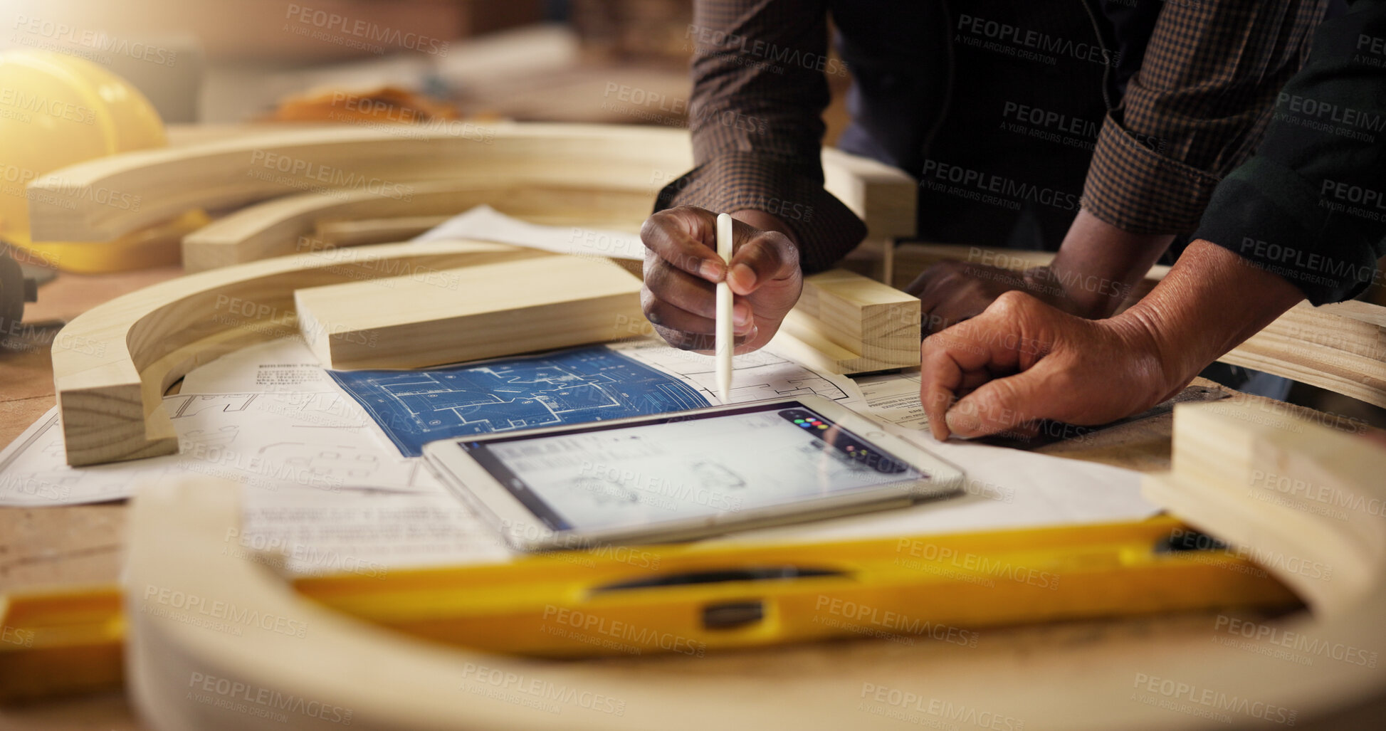 Buy stock photo People, hands and carpenter with tablet for woodwork, project or planning design at workshop. Closeup, wood and tech screen with timber, blueprint or layout for wooden repair, craft or lumber project