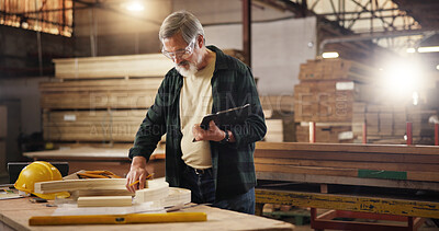 Buy stock photo Wood, clipboard and carpenter with man in factory for design production, furniture or manufacturing. Sketching, handyman and framework with craftsman for building project, inspection and construction
