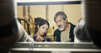 Buy stock photo Carpenter, woman and man with ideas, workshop and collaboration with mature mentor in small business. Serious, artisan and people with plans for production, craftsmanship and creativity for project