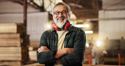 Buy stock photo Portrait, confident carpenter and mature man in factory for manufacturing, timber production or arms crossed. Woodwork, smile or creative professional at industrial workshop with joinery supervisor