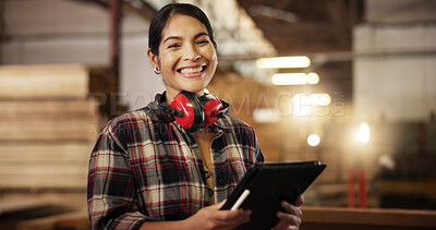 Buy stock photo Portrait, happy carpenter and woman with tablet in workshop for furniture manufacturing or stock. Woodwork, smile and professional on technology at industrial factory for joinery, carpentry or design