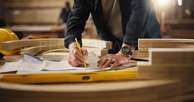 Buy stock photo Workshop, carpenter and hands with pencil for blueprint, manufacturing and architecture project. Closeup, business person and design with drawing for carpentry, furniture renovation and creativity