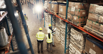 Buy stock photo Above, distribution and business people with inventory, logistics and cooperation with supply chain. Top view, group or employees with safety, planning for storage or factory with shipping or shelves