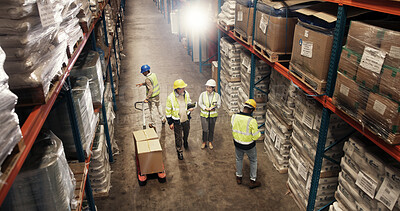 Buy stock photo Above, distribution and business people with supply chain, logistics and cooperation with shelves. Top view, group or employees with safety, planning for storage or factory with shipping or inventory