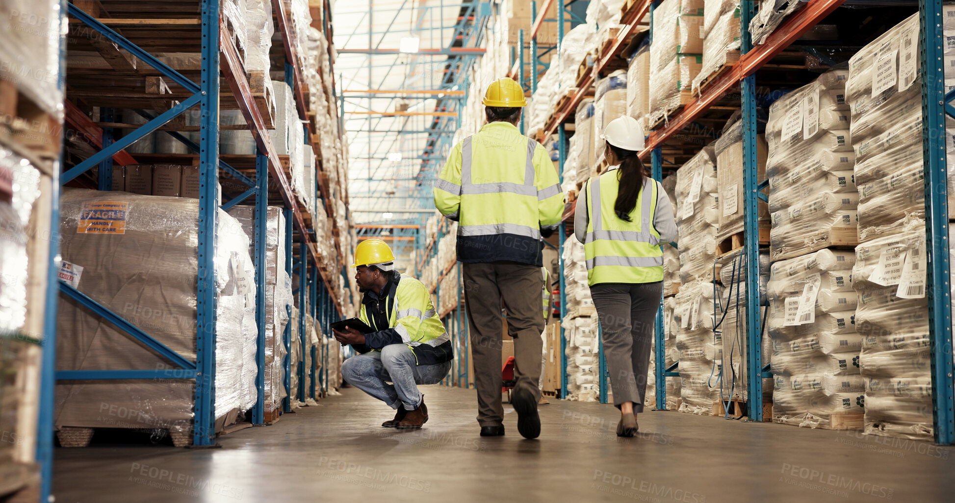 Buy stock photo Distribution, warehouse and back of logistics team walking for stock inspection in collaboration. Freight, shipping and supply chain employees working in quality control for cargo, delivery or export