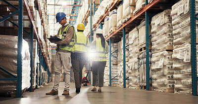 Buy stock photo Scanner, distribution and man in warehouse, tablet and manufacturing with inventory. People, employees and inspector in factory, logistics and check stock with supply chain, storage and export