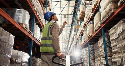 Buy stock photo Man, count or trolley in warehouse with boxes, loading bay or inventory management in logistics. Worker, search or packaging in storage for export, backlog control or low angle of parcel inspection