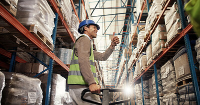 Buy stock photo Man, thumbs up and trolley in warehouse for logistics, loading bay and go ahead at packaging. Worker, happy and like emoji in storage facility for approval, good job and low angle in supply chain