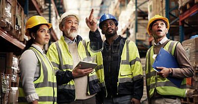 Buy stock photo Logistics, group and collaboration with tablet, warehouse and quality assurance on website and discussion. Supervisor, mature man and team with tech for supply chain, pointing and people in factory