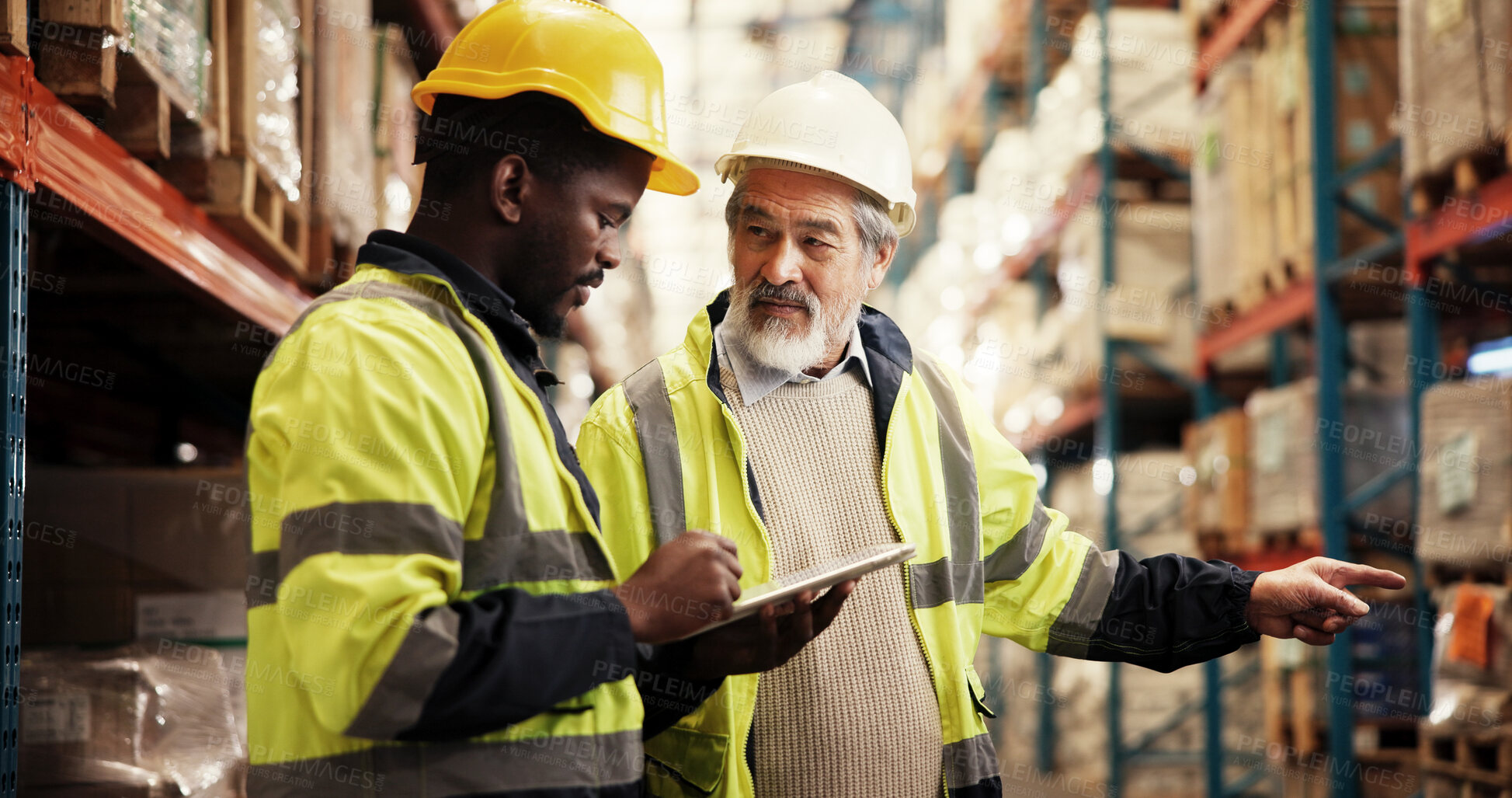 Buy stock photo Warehouse, logistics and businessmen with tablet for teamwork, stock inventory and inspection. Technology, employees and mature supervisor with pointing for checklist, supply chain and distribution