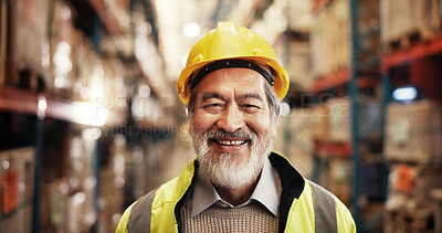 Buy stock photo Mature, man and portrait in factory with distribution, confidence or supply chain logistics. Export, commerce and Asian person at cargo storage warehouse with smile or pride in global service