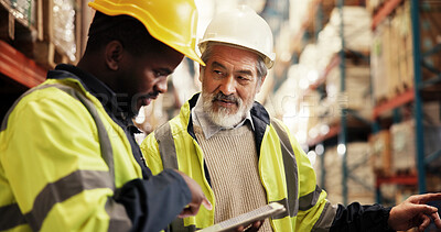 Buy stock photo Warehouse, logistics and businessmen with tablet for inspection, stock inventory and teamwork. Technology, employees and mature supervisor with pointing for checklist, supply chain and distribution