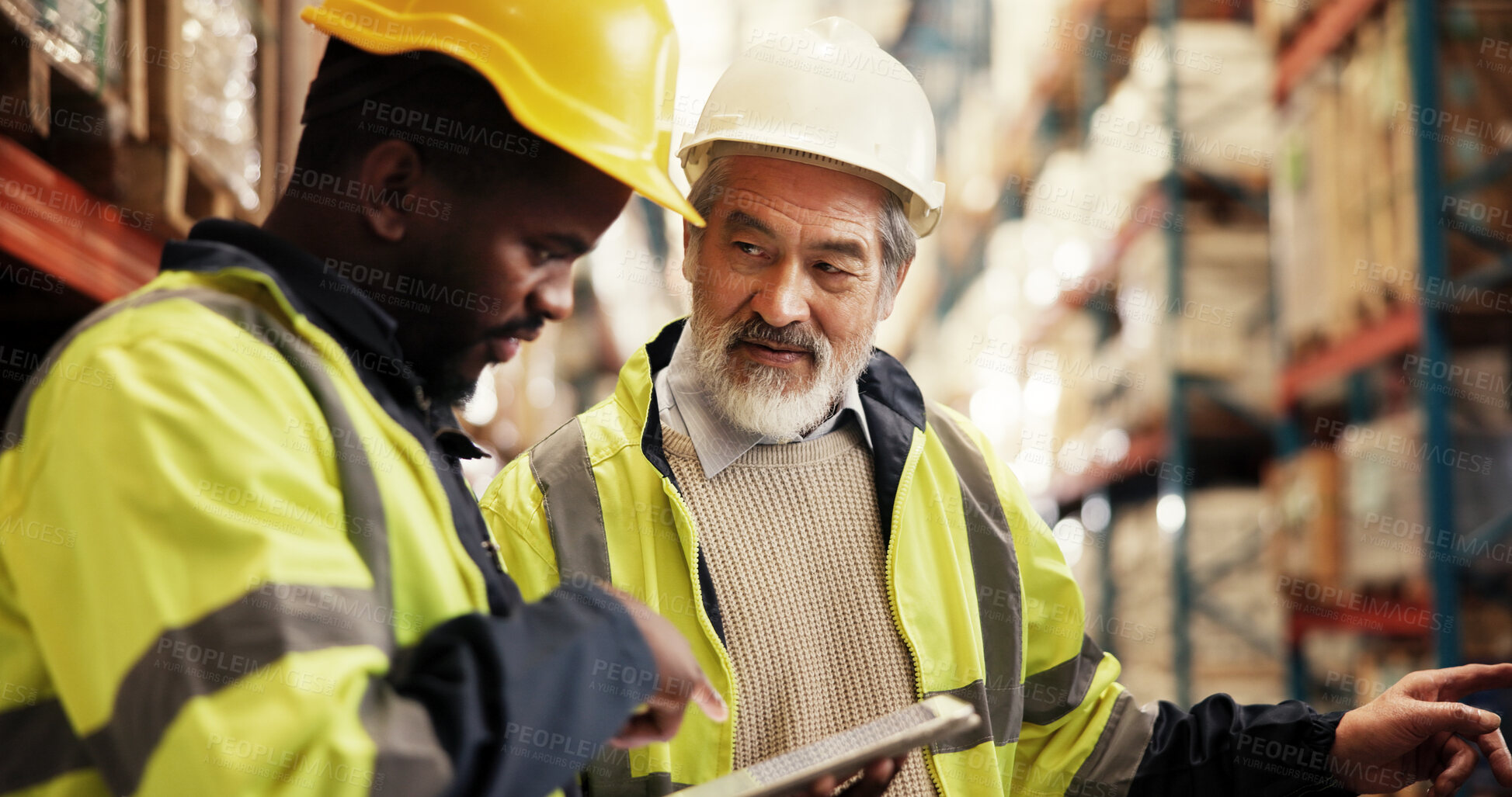 Buy stock photo Warehouse, logistics and businessmen with tablet for inspection, stock inventory and teamwork. Technology, employees and mature supervisor with pointing for checklist, supply chain and distribution