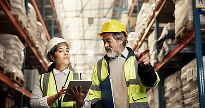 Buy stock photo Logistics, teamwork and warehouse inspection with tablet for inventory management, stock check or cargo shipping. Supply chain, people or discussion for quality control, digital checklist or planning