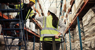 Buy stock photo Team, smile and fist bump in warehouse for logistics, loading bay or greeting with trolley. Worker man, woman back or  hand gesture at packaging for approval, good job or work friends in supply chain