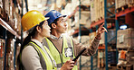 Warehouse, logistics and business people with tablet for talking, stock management and inspection. Teamwork, employees and supervisor with pointing for supply chain, online checklist and distribution
