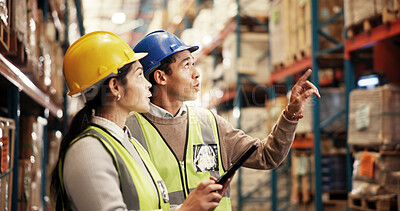 Buy stock photo Warehouse, logistics and business people with tablet for talking, stock management and inspection. Teamwork, employees and supervisor with pointing for supply chain, online checklist and distribution