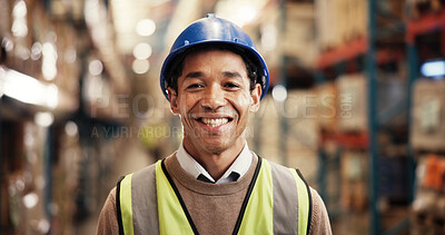 Buy stock photo Happy, man and portrait in warehouse with logistics, confidence and supply chain distribution. Export, commerce and person at cargo storage factory with smile, pride or management in global service