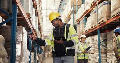 Buy stock photo Scanner, shipping and man in warehouse, tablet and logistics with quality control. People, employees and inspector in factory, machine for inventory or check stock with manufacturing, price or export