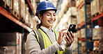 Phone, stock and woman in warehouse with logistics, inventory management or distribution. Global, commerce and happy person at cargo storage factory on mobile app for search, checklist or shipping