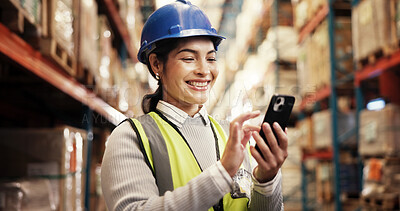 Buy stock photo Phone, stock and woman in warehouse with logistics, inventory management or distribution. Global, commerce and happy person at cargo storage factory on mobile app for search, checklist or shipping