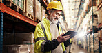 Scanner, shipping and man in factory, tablet and logistics with quality control. Mature person, employee and inspector with safety, machine for inventory or check stock with manufacturing and price