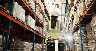 Buy stock photo Woman, back and trolley in warehouse with logistics, loading bay and inventory management at boxes. Worker, cart and packaging in storage for export, backlog control and low angle in supply chain
