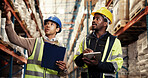 Men, tablet and planning at warehouse for logistics, schedule or review stats by shelf, discussion or inspection. People, partner and inventory for distribution, shipping or app with point at plant