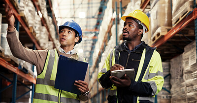 Buy stock photo Men, tablet and planning at warehouse for logistics, schedule or review stats by shelf, discussion or inspection. People, partner and inventory for distribution, shipping or app with point at plant