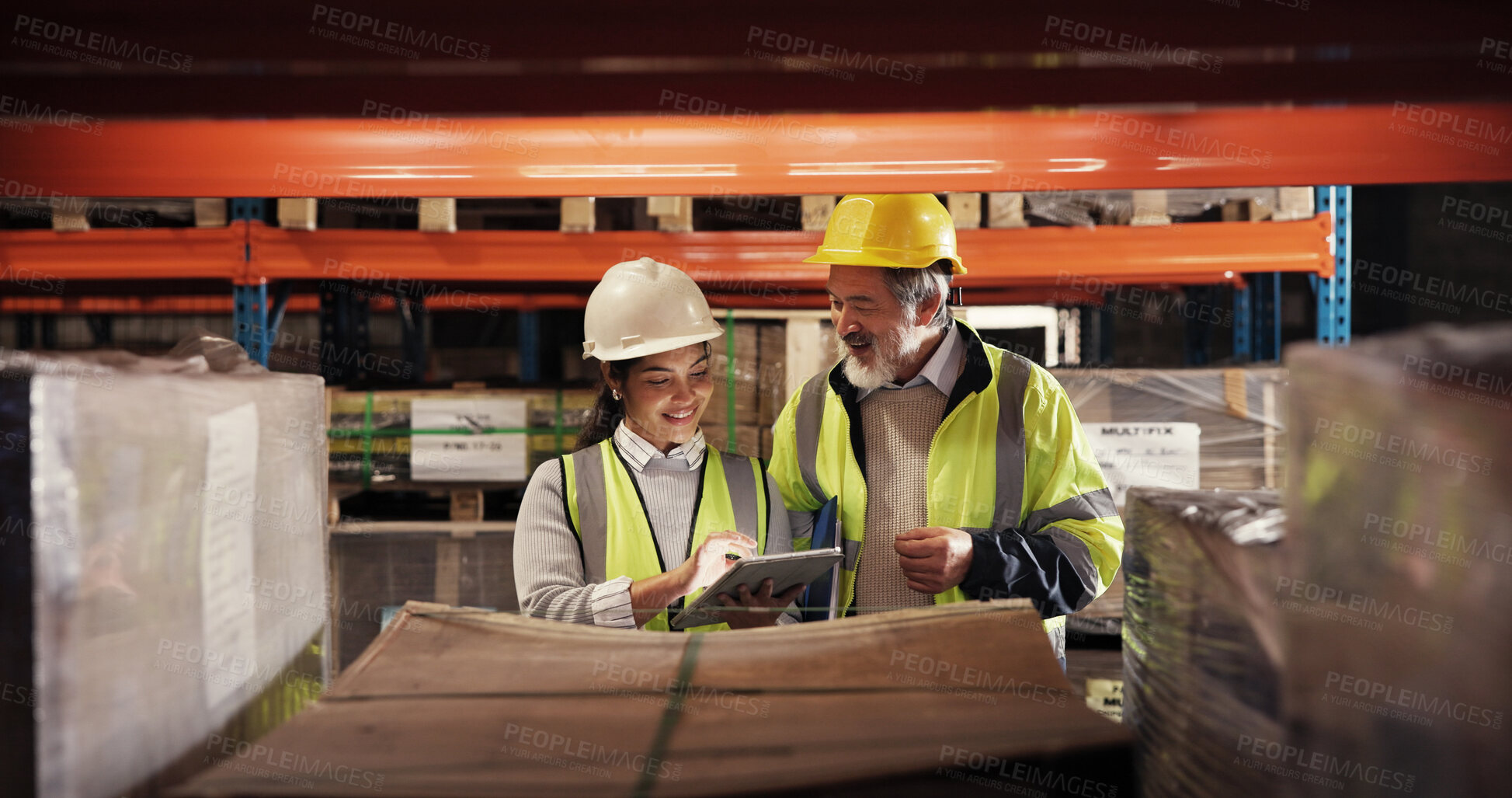 Buy stock photo People, logistics team and tablet in warehouse for inventory inspection, stock check and planning. Digital technology, collaboration and shipping discussion with happy supervisor for supply chain
