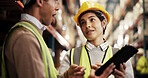Warehouse, logistics and business people with tablet for teamwork, stock management and inspection. Discussion, employees and supervisor with tech for supply chain, online checklist and distribution