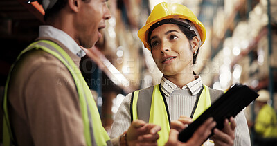 Buy stock photo Warehouse, logistics and business people with tablet for teamwork, stock management and inspection. Discussion, employees and supervisor with tech for supply chain, online checklist and distribution