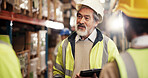 Logistics, tablet and man with meeting in warehouse for stock inspection, service delivery and quality assurance. Supervisor, mature person and team briefing for inventory management and supply chain