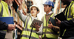 Logistics, team and meeting with tablet in warehouse for inspection training, service delivery and quality assurance. Distribution, people and staff briefing for inventory management and compliance