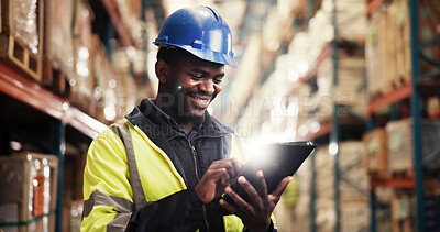 Buy stock photo Smile, supply chain and black man in warehouse, tablet and logistics with quality control. African person, employee and inspector in factory, distribution or check stock with manufacturing or export