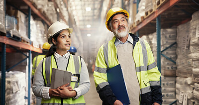 Buy stock photo Logistics, distribution and team inspection with tablet for cargo management, stock check and storage control. Supply chain, people and industry for quality assurance or inventory export in warehouse