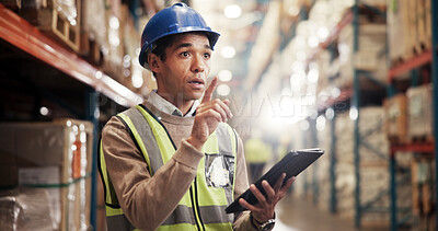 Buy stock photo Pointing, shipping and man in warehouse, tablet and check inventory with quality control. Person, employee and inspector in factory, distribution center or app for stock with manufacturing or export