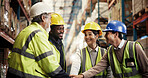 People, stack hands and team at warehouse for logistics, motivation and support for goals, target and sales. Men, woman and group with solidarity with distribution, shipping and industry at plant