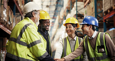 Buy stock photo People, stack hands and team at warehouse for logistics, motivation and support for goals, target and sales. Men, woman and group with solidarity with distribution, shipping and industry at plant