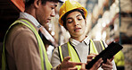 Logistics, teamwork and people with tablet in warehouse for inventory inspection, online planning and delivery tracking. Supply chain, talking and digital app for stock control and cargo distribution
