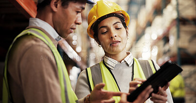 Buy stock photo Logistics, teamwork and people with tablet in warehouse for inventory inspection, online planning and delivery tracking. Supply chain, talking and digital app for stock control and cargo distribution