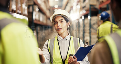 Buy stock photo Logistics, colleagues and woman with clipboard, teamwork and discussion with info and quality assurance. Collaboration, employees and people with checklist for stock, supply chain and distribution