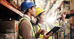 Logistics, people and warehouse inspection with tablet for inventory management, distribution and counting stock. Flare, teamwork and digital checklist for quality control, supply chain and shipping