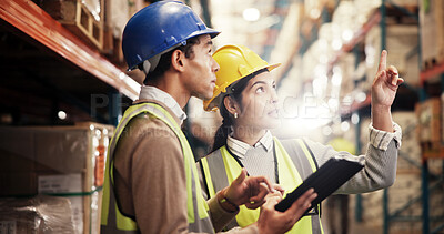 Buy stock photo Logistics, people and warehouse inspection with tablet for inventory management, distribution and counting stock. Flare, teamwork and digital checklist for quality control, supply chain and shipping