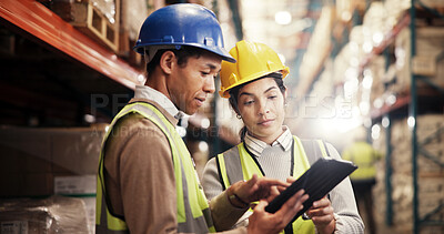 Buy stock photo Warehouse, logistics and business people with tablet for supply chain, stock management and inspection. Teamwork, employees and supervisor with scroll for research, online checklist and distribution