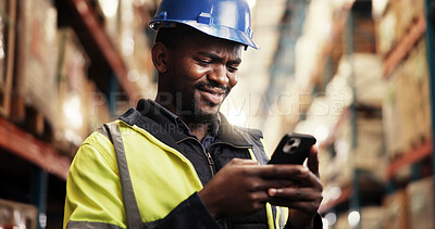 Buy stock photo Supply chain, internet and black man in warehouse, smartphone and connection. African person, import or employee in manufacturing, cellphone and digital app for email for work schedule or logistics