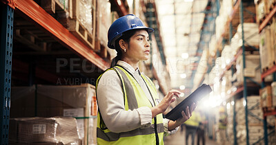 Buy stock photo Tablet, stock and woman in warehouse with distribution, inventory management or logistics. Global, commerce and person at cargo storage factory on digital app for search, checklist or export shipping