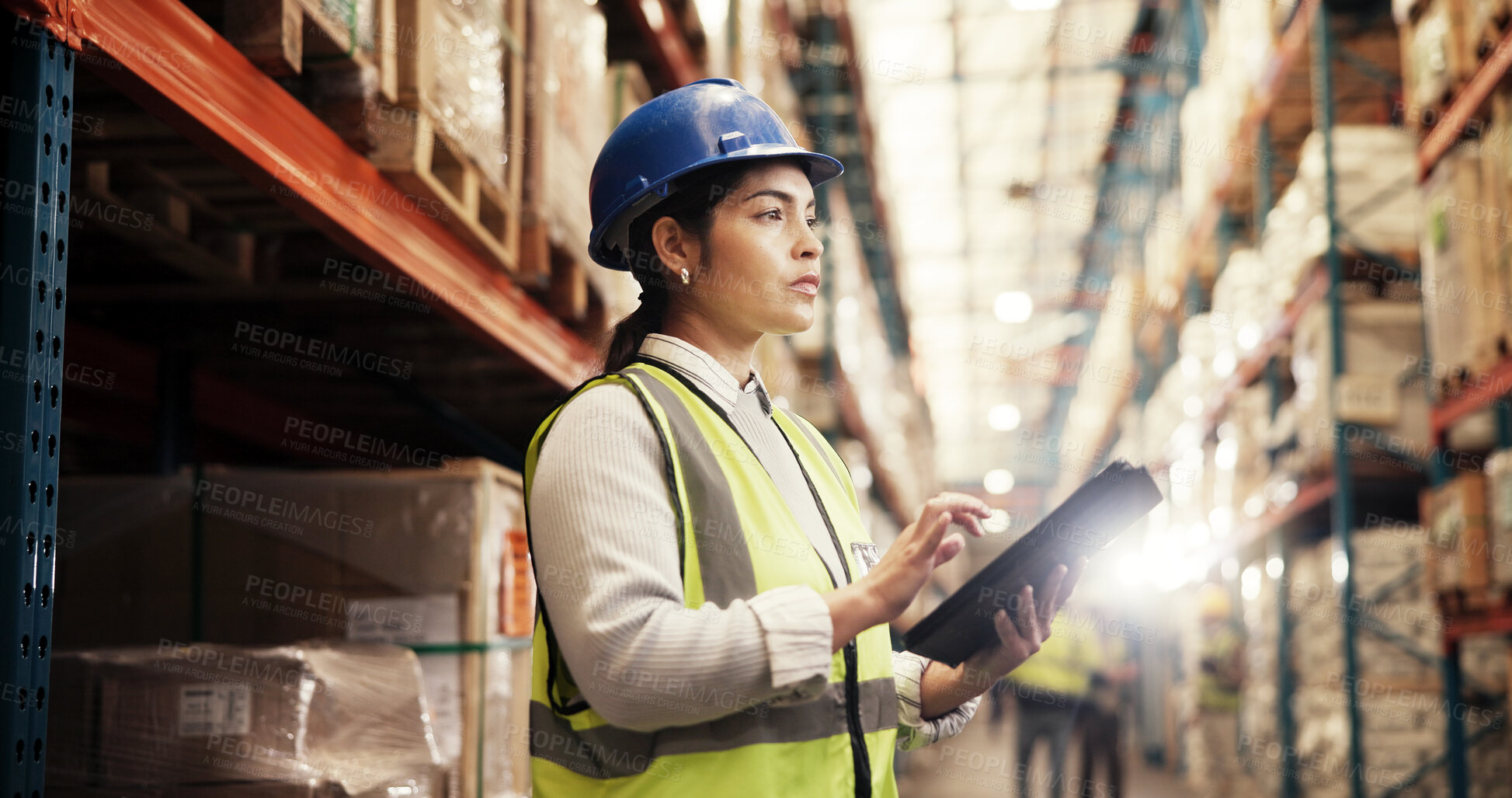 Buy stock photo Tablet, stock and woman in warehouse with distribution, inventory management or logistics. Global, commerce and person at cargo storage factory on digital app for search, checklist or export shipping