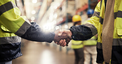 Buy stock photo Warehouse, logistics and people with handshake for greeting, thank you and collaboration for deal. Factory, teamwork and employees with shaking hands for introduction, supply chain and partnership